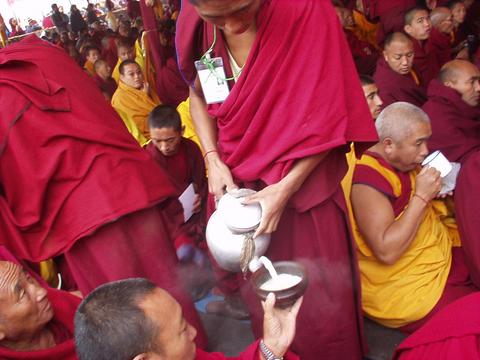 Monk serving milk tea at the Kalachakra Initiation.