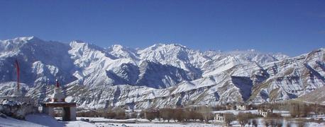 Stupa and Himalayas, in Likir, Ladakh.