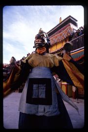 Monk in costume for the winter festival at the Spituk Gompa, just outside of Leh in Ladakh, northern India.
